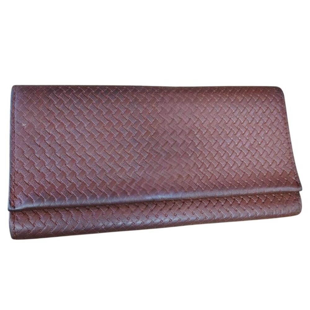 ABLE Handmade Leather Long Wallet Brown Basket Weave Bifold Clutch Organizer
